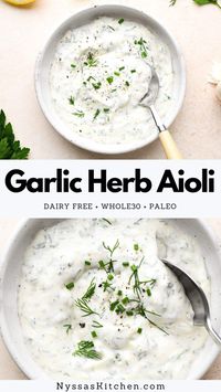 Garlic herb aioli is the perfect easy dipping sauce that only takes minutes to mix up! Made with avocado oil mayonnaise, tons of fresh herbs, garlic, and lemon juice. It's dairy free, super creamy, and the perfect sauce to serve with chicken, roasted potatoes or vegetables, artichokes, or as a dipping sauce for french fries. Whole30, Paleo, low carb, keto friendly, and vegan option.