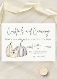 7x5 DIGITAL COCKTAILS AND CARVING, PUMPKIN CARVING, GIRLS NIGHT OUT INVITATION F R E E C U S T O M I Z A T I O N We customize the invitation for you No downloading any programs or having to sign up for free trials, no hassle. Once purchased please include: Name(s): date/time: location/address: rsvp/misc info: Q U I C K T U R N A R O U N D After we receive this info we will have the file back to you within 1-2 business days (mon-fri) P R I N T Y O U R S E L F Can use file to print invites at your