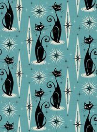 My original vector illustrations of sleek black retro cats, starbursts, and diamonds in black, pale gray, and off white, on cadet blue, with faux texture. ©Christine Duffield 2019