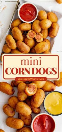 These Mini Corn Dogs are easy party snacks in a homemade batter and then deep-fried to perfection! These mini corn bites are slightly sweet and satisfying. It's the best finger food recipe for your 4th of July appetizer recipes!