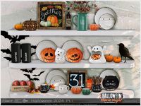 A set of kitchen utensils and dishes for decorating a Halloween house. Additional monophonic colors allow you to use it to decorate the house by the fall. 11 items: cup, cat cup, pumpkin cup, cat bowl, pumpkin bowl, two cups, decorative plates, decorative plates with a cat, decorative plates with pumpkin, functional vase with sweets, poster. For functional vase with sweets required SP04 Spooky Stuff. LOW POLY