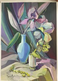 Original Gouache painting, Still life Painting, Irises,Jug of flowers, Purple irises, beads,blue vas