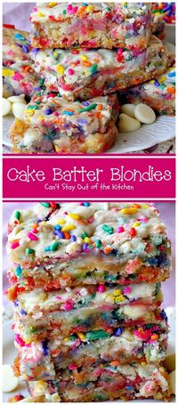 Cake Batter Blondies start with a boxed cake mix, sprinkles and either white chocolate or vanilla chips. Rich and decadent. Great tailgating recipe.