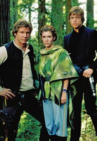 Harrison Ford, Carrie Fisher and Mark Hamill in Star Wars Episode VI: Return of the Jedi, 1983