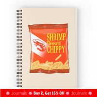 Spiral notebooks with high-quality edge-to-edge print on front. 120 pages in your choice of ruled or graph lines. Digital illustration of shrimp chips.