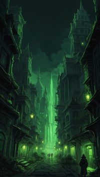 dark and green illustration of a city for candela obscura the ttrpg created by critical role