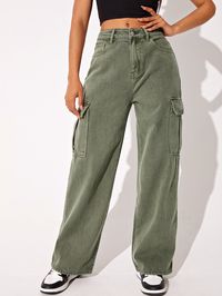 Army Green    Denim Plain Straight Leg Embellished Non-Stretch  Women Denim