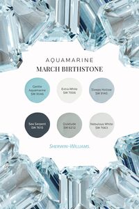 Celebrate your March birthday with this aquamarine-inspired gemstone palette from Sherwin-Williams. Tap to order free color chips, and we'll send them right to your door. #sherwinwilliams #marchbirthstone #aquamarine #march #birthstone #color #colorinspiration #colorpalette #paint #paintcolor #paintpalette