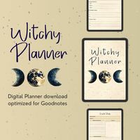 Step into your power and elevate your witchcraft practice with this stunning 34-page Celestial Navy and Gold Witchy Planner. Designed for witches, pagans, and spiritual seekers, this planner is a comprehensive tool for tracking the moon cycles, documenting your rituals, and recording your spellwork, all in a breathtaking celestial theme. Perfectly optimized for GoodNotes, but also printable for those who prefer paper, this planner is your ultimate companion for staying organized, intentional, and connected to the universe's rhythms. 🔮 What's Included in Your Planner: Monthly Calendar: Easily track moon phases, astrological events, and important dates for the entire year, with space for personal notes and intentions. Spell & Ritual Planners: Keep a detailed log of your spellwork and ritual