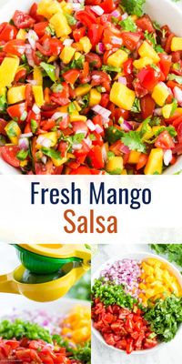 This fresh mango salsa tastes amazing and is super quick and easy to prepare.  Using fresh ingredients, such as cherry tomatoes, mango, jalapeno and cilantro this salsa has a perfect balance of sweet and spicy.  Finished with lime juice, this salsa is perfect with tortilla chips, and is great on tacos, chicken and fish.  #salsa #mango #homemade #fresh #easy