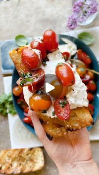 Tieghan Gerard on Instagram: "Marinated Cherry Tomatoes with Burrata. All this dish needs is a side of crusty garlic bread for scooping up all the yumminess. Dinner = made (: it s so good 

1/2 cup extra virgin olive oil
2 tablespoons balsamic vinegar
2 tablespoons champagne or apple cider vinegar
2 teaspoons honey
1-2 cloves garlic, grated
1/2 cup fresh basil, chopped
2 tablespoons chopped fresh thyme
kosher salt and black pepper
chili flakes
3 cups cherry tomatoes, halved
2-3 balls burrata cheese, at room temperature
grilled bread or crackers, for serving

https://www.halfbakedharvest.com/marinated-cherry-tomatoes-with-burrata/"