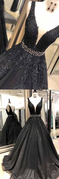 A-LINE V NECK OPEN BACK BLACK LACE LONG PROM DRESSES WITH BEADING PG713 #black #promdress #partydress #vneck #tulle #formaldress #2019prom #longprom #pgmdress