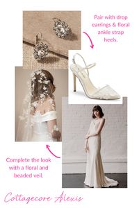 If floral romance is the vibe you want on your wedding day, this cottagecore look is the bridal style for you! Add feminine accessories to the clean lines of the Alexis gown, like floral-inspired drop earrings, floral lace heels, and a super feminine veil with beading and floral appliques. For more inspiration, check out our other wedding gown styling inspo boards, or go to our website to view our inspiration Lookbooks!