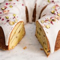 Rhubarb-Pistachio Bundt Cake With Rose Glaze