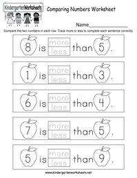 Kids are asked to compare two numbers and decide if the first number is more or less than the second one in this free kindergarten worksheet.