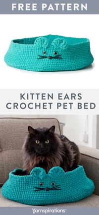 Bernat Kitten Ears Crochet Pet Bed | Crochet your cat a cozy spot to curl up in using Bernat Blanket Pet yarn. Find out how easy it is to crochet with Bernat Blanket Pet and download this free pattern. #yarnspirations #bernatblanketpet #crochet #crochetpatterns #petbed