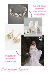 Floral accessories are a perfect complement to our Serena Gown to create a lovely cottagecore wedding day style! Instead of a veil, choose a floral headband to add to this natural look. Ivory heels (bonus points for floral embellishments) and embellished drop earrings complete your bridal look!