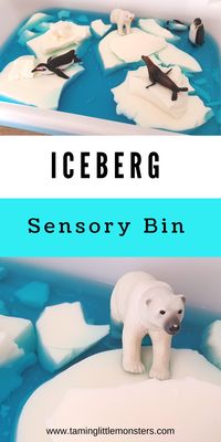 Iceberg Sensory Bin for Winter. Add this taste safe iceberg to your list of winter sensory activities. Babies, toddlers and preschoolers will love watching them jiggle, melt and float around on the blue water. #winter #sensory #babies #toddlers #preschoolers