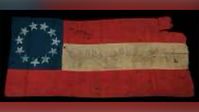 Ceremonial flag of the Barrow Guards, Gordon's Bn., later known as Co. C, 1st Tenn. Cav. Regt. (Col. James T. Wheeler's), CSA. The flag is hand-sewn with eleven stenciled stars and belonged to Capt. E. E. (Jim) Buchanan. Capt. Buchanan presented the flag at veterans' reunions and funerals. The flag was possibly sewn by Lucinda East Buchanan, Capt. Buchanan's mother.