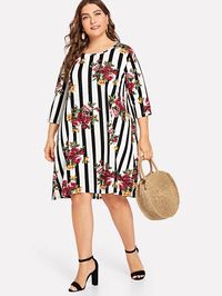 Plus Flower and Stripe Print Tunic Dress -SheIn(Sheinside)