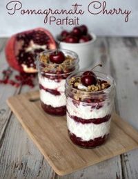 Pomegranate Cherry Yogurt Parfait - Layers of fruit compote made with pomegranate arils and cherries alternated with plain Greek yogurt for a delicious and health Valentine's Day dessert.