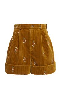 Alanui Floral-Embroidered Cotton Corduroy Pleated Shorts