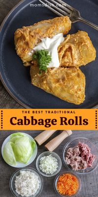 Cabbage rolls made the most traditional way, grandmother’s way, they are to-die-for. This recipe is the epitome of Ukrainian comfort food. Cabbage rolls appear in the cuisines of many Eastern European countries. Typically, boiled cabbage leaves are stuffed with a savory meat and rice mixture, then topped with tomato sauce and sour cream and finished in the oven. #cabbagerolls #russianrecipes #urkainianrecipes #easydinnerrecipes #dinnerrecipes #dinnerideas #easydinnerrecipes