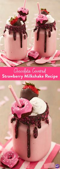 Chocolate Covered Strawberry Milkshake Recipe - Enjoy the goodness of chocolate covered strawberries in a glass! Dark Cocoa Candy Melts blend perfectly with strawberry ice cream. Top it all off with sparkling sugar, a mini chocolate doughnut and a chocolate covered strawberry, of course.