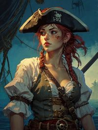 Unique artistic anime pirate female main character with beautiful lighting and color theory in the style of studio Ghibli mixed with the style of Frank Frazetta.