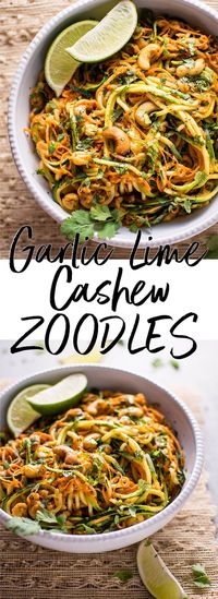 These 15 minute garlic lime cashew zoodles are a super easy and healthy vegan meal option. This is a snap to make, and the sauce is addictive!