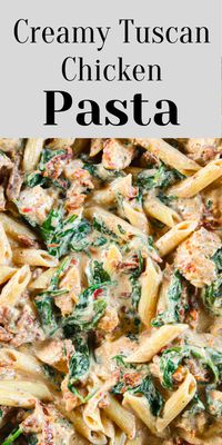 This Creamy Tuscan Chicken Pasta is garlicky, cheesy, and delicious. And the best part is that it only takes 30 minutes to make! #Pasta