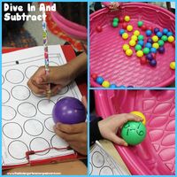 Kindergarten subtraction activity.  Students choose a ball, write the subtraction equation and solve.   Kindergarten math.  Subtract.  Subtraction.  Kindergarten.