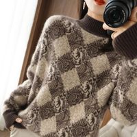 2021 Winter New 100% Cashmere Sweater Intarsia Pullover Half High Collar Splicing Large Size Women Wool Knit Thick Base Shirt