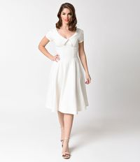 Vintage Inspired Wedding Dresses Unique Vintage 1940s Style Ivory Knit Short Sleeve Natalie Swing Dress $78.00 AT vintagedancer.com