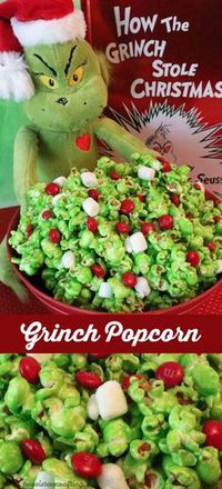 Grinch Popcorn - a fun Christmas Treat. Sweet, salty, crunchy, delicious and so very easy to make. It would be a great How the Grinch Stole Christmas family movie night dessert or Christmas Party Dessert! Follow us for more fun Christmas Food ideas.