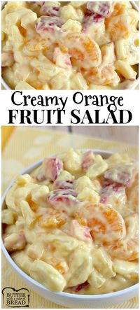 Easy & insanely delicious Creamy Orange Fruit Salad made with yogurt! Everyone always asks for the recipe - from Butter With a Side of Bread