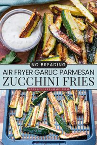 These crispy zucchini fries without breading are the perfect guilt-free snack or perfect side dish! Enjoy these Air Fryer Parmesan Zucchini Fries as a healthy and delicious snack or vegetable side dish that's perfect for after school or a teenage anytizer snack, game day or easy dinner side dish. They're low-carb, gluten-free, vegetarian and certainly a healthier alternative to French Fries. Click on the link to get the recipe!