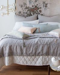 Austin Royal Shams in Fog, Linen King Pillowcase in Winter White, Ines Lumbar Pillows in Mineral and Eucalyptus, Taline Accent Pillow in Rouge, Taline 24x24 Throw Pillow in Pearl, Ines Personal Comforter in Fog on an Austin King Coverlet in Winter White