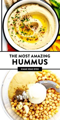 This homemade hummus recipe is quick and easy to make, super-smooth and creamy, and tastes so fresh and flavorful! Plus it's ready to go in just 5 minutes. Serve it a dip, spread, or whatever sounds good! | gimmesomeoven.com #hummus #dip #healthy #glutenfree #vegan #vegetarian #appetizer #snack