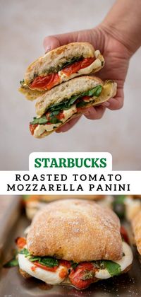 This is the best Starbucks tomato mozzarella panini copycat recipe ever! It is made with focaccia bread, basil pesto, roasted juicy tomatoes, spinach, and a generous amount of creamy mozzarella cheese. Making this Starbucks favorite at home is now easier than ever!