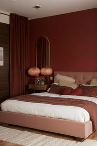 Experiment with this precise design and furniture in your own area using AI HomeDesign with just one click!Brown, Pink, Maroon, Red, White, Wine-red, Grey, Magenta, Brightly-lit, Warm, Bedroom, Bed, Nightstand, Mirror, Accents#BedroomDesign #ColorScheme #InteriorDecor #HomeStyle #PinkRoom #WarmColors #MetallicAccents #AIHomeDesign #RedBrown #MagentaPalette