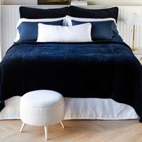 Silk Velvet Quilted Shams and Coverlet in Midnight, Bria Pillowcases in White + Midnight, Paloma Lumbar Pillow in White and Austin Bed Skirt in White.