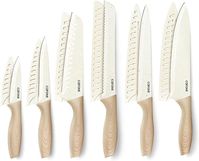 CAROTE 12PCS Knife set with Blade Guards,Granite Nonstick Ceramic Coating,Stainless Steel blade, Wooden Handle, Essential knife set,White