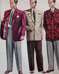 1950s Fashion for Men. 1950s men's fashion was dominated by casual wear. Sportcoats in big prints and heavy textures led the way. Learn more at VintageDancer.com #1950s #1950sfashion #menswear #50sstyle #illustration #mensfashion