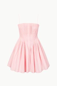 A sleeveless mini dress with spaghetti straps, the Mini Bella features a fully pintucked bodice and v-shape waistline. This style has an interior corset for added structure and is made out of our stretchy cotton poplin fabric.