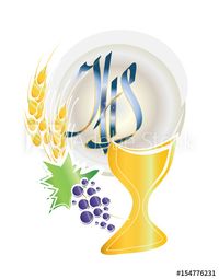 Eucharist symbols with chalice and host, bread and wine, with wheat ears and grapes cluster. First communion abstract vector illustration. - Acquista questo vettoriale stock ed esplora vettoriali simili in Adobe Stock