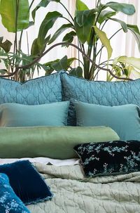 Luna Deluxe Shams in Cenote, Madera Luxe Pillowcases in Jade, Paloma Bolster in Jade, Madera Luxe Flat Sheet in Eucalyptus, Lynette Accent Pillow in Jade, Carmen Kidney Pillow in Cenote, Lynette Accent Pillow in Cenote, Luna Coverlet in Eucalyptus