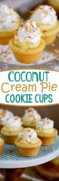 Coconut Cream Pie Cookie Cups! Two of my favorite desserts collide in this easy to make recipe that will have your guests oohing and aahing in no time! // Mom On Timeout