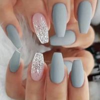 24pcs Press On Nails, European And American Blue Grey Nails,Short Flash Ballerina Fake Nail With One 1pc Nail File And 1sheet Tape For Women Girls Art Diy.