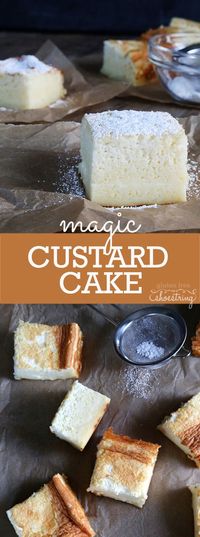 This magic gluten free custard cake creates 3 layers all by itself. The simplest ingredients make the most amazing, light and fluffy cake with a custard center! http://glutenfreeonashoestring.com/gluten-free-custard-cake/